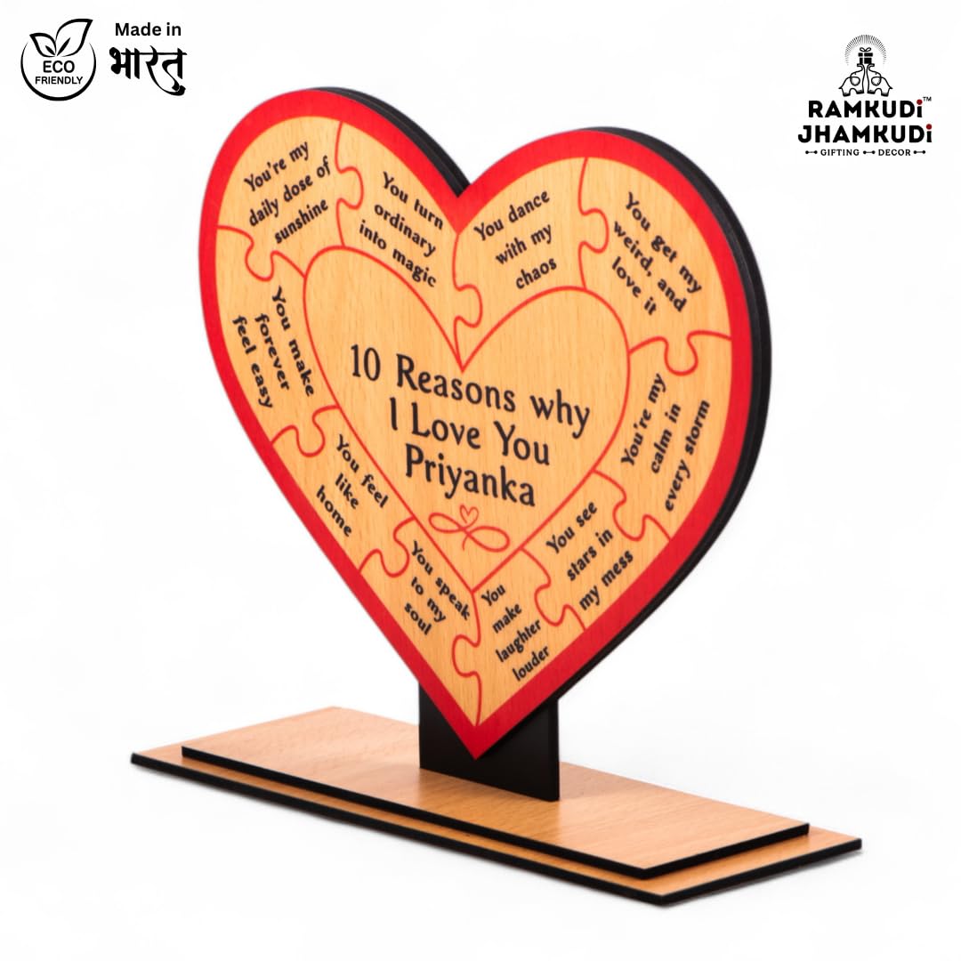 Ramkudi Jhamkudi™ 10 Reasons Why I Love You Plaque with Personalised Name | Premium MDF Wood | Romantic Gift for Anniversary, Valentine, Husband, Wife | Made in India | Table or Wall Decor (STYLE A)