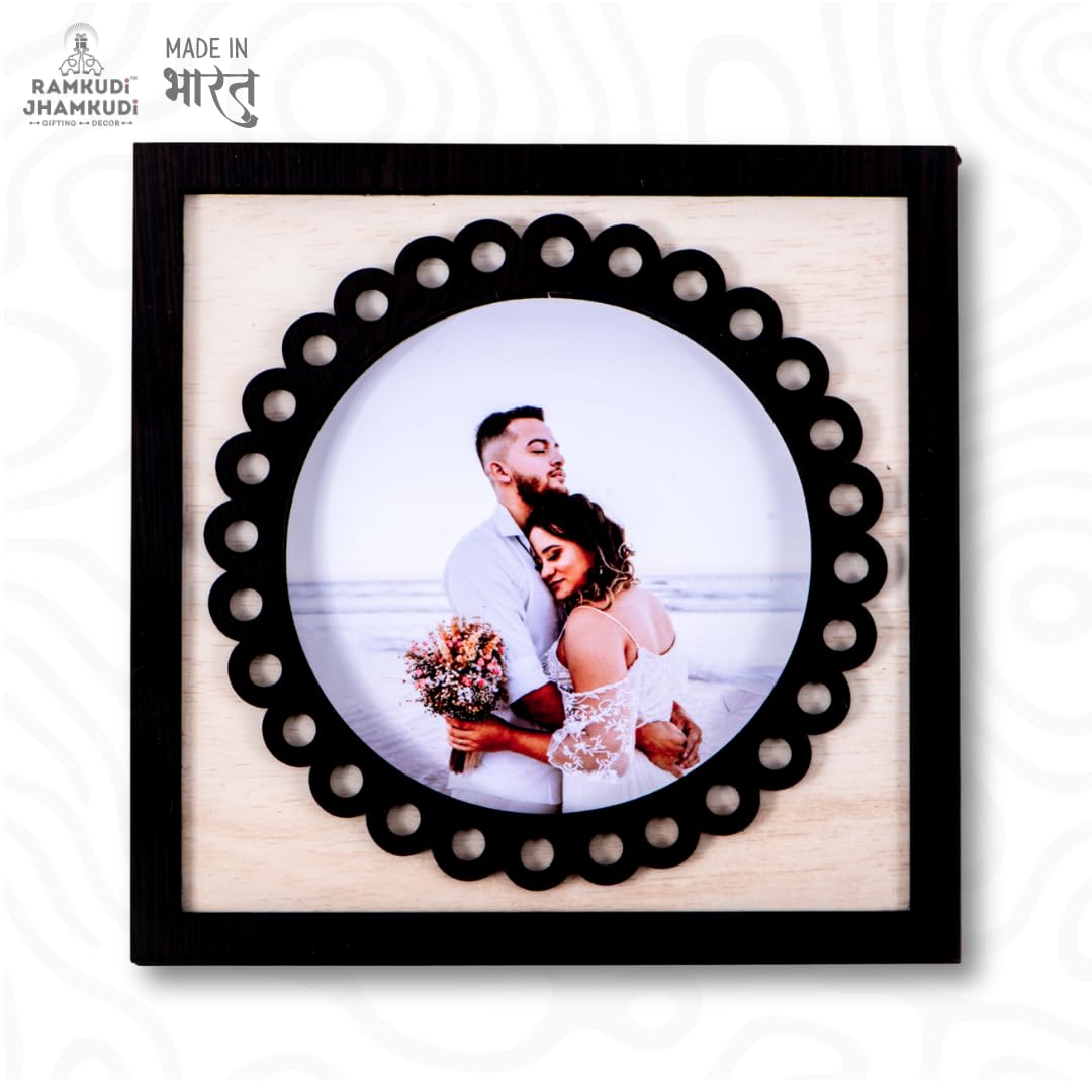 Personalized Round Wooden Photo Frame | Tabletop & Wall Hanging Décor | Engineered MDF Frame | Anniversary, Wedding & Valentine Gift