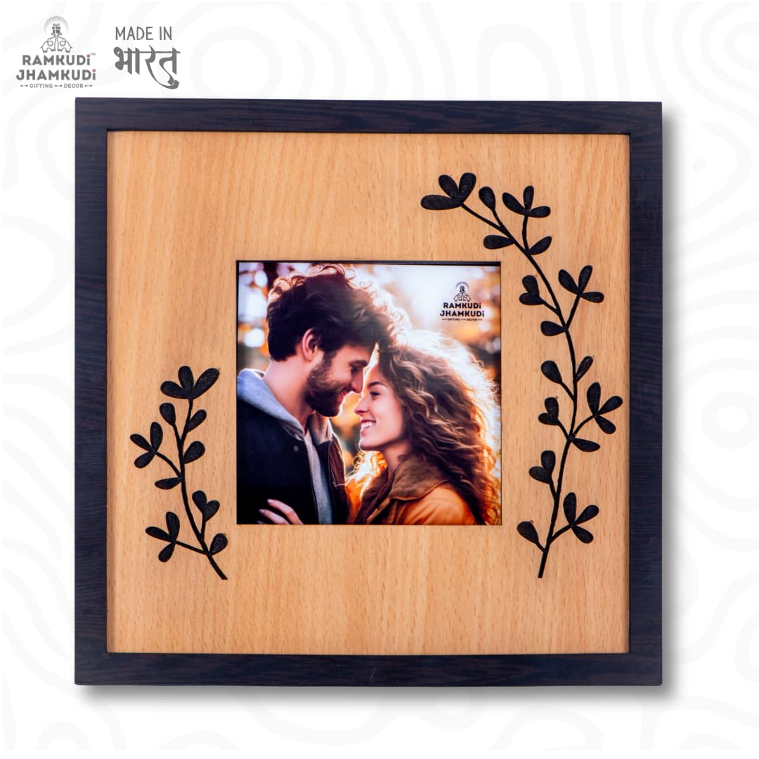 Personalized Wooden Photo Frame | Tabletop & Wall Hanging Décor | Engraved Floral Design | Anniversary, Wedding & Valentine Gift for Couples