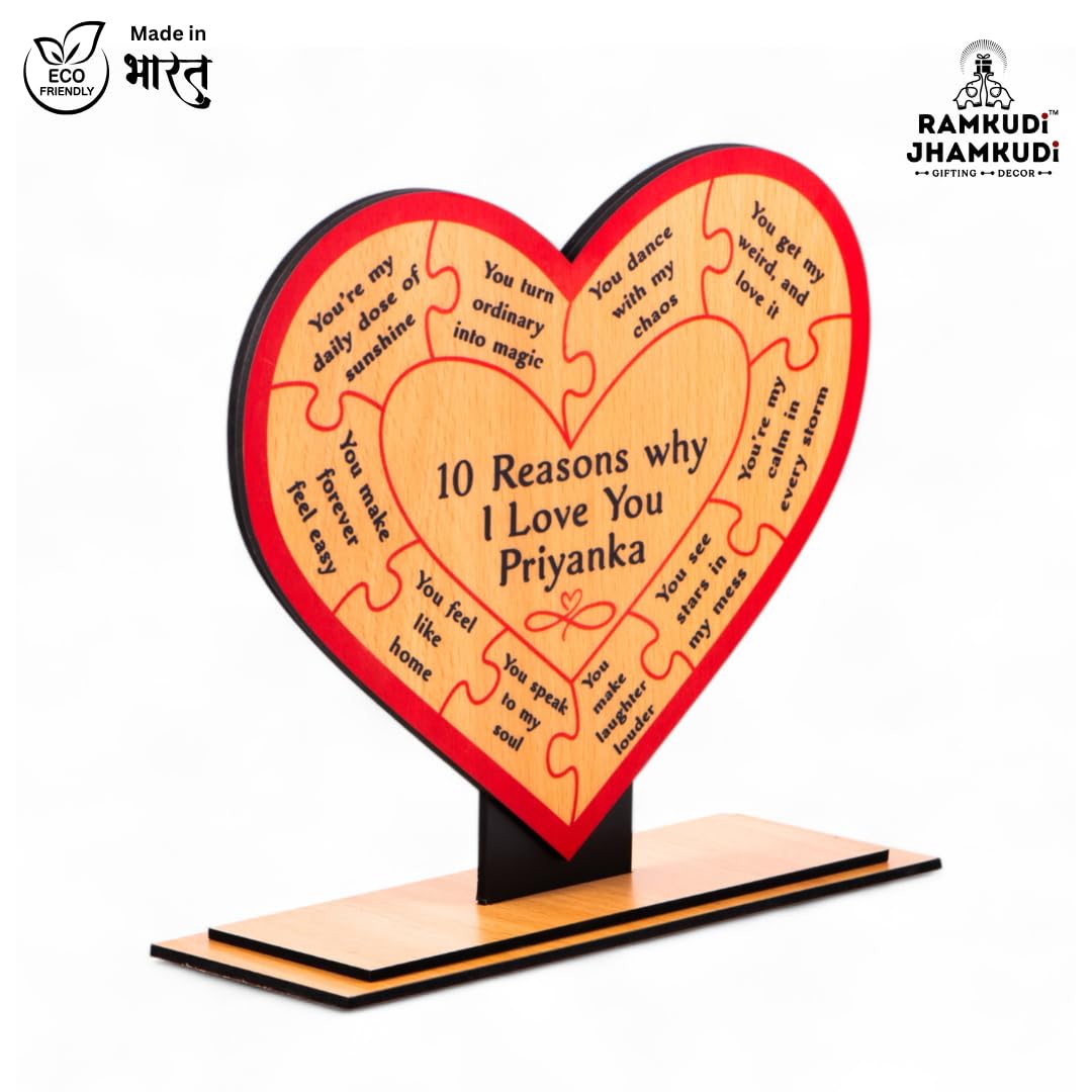 Ramkudi Jhamkudi™ 10 Reasons Why I Love You Plaque with Personalised Name | Premium MDF Wood | Romantic Gift for Anniversary, Valentine, Husband, Wife | Made in India | Table or Wall Decor (STYLE A)
