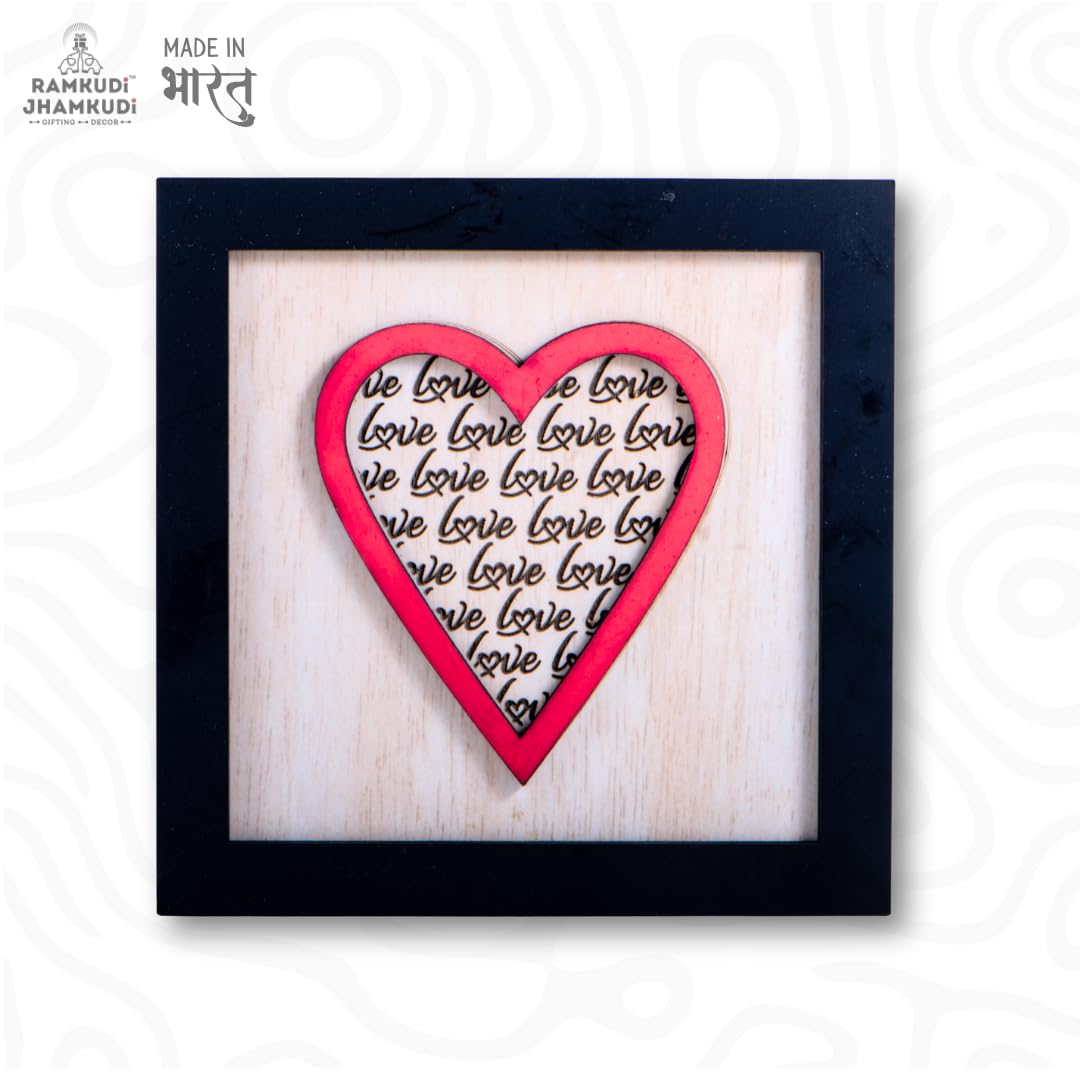 Mini Wooden Love Frame | Heart Engraved MDF Wall & Table Decor | Cute Romantic Mini Frame Showpiece | Gift for Valentine, Anniversary, Birthday, Couple