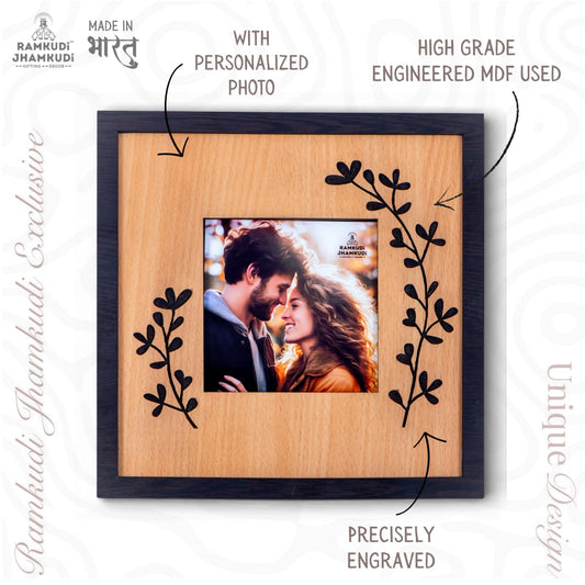 Personalized Wooden Photo Frame | Tabletop & Wall Hanging Décor | Engraved Floral Design | Anniversary, Wedding & Valentine Gift for Couples