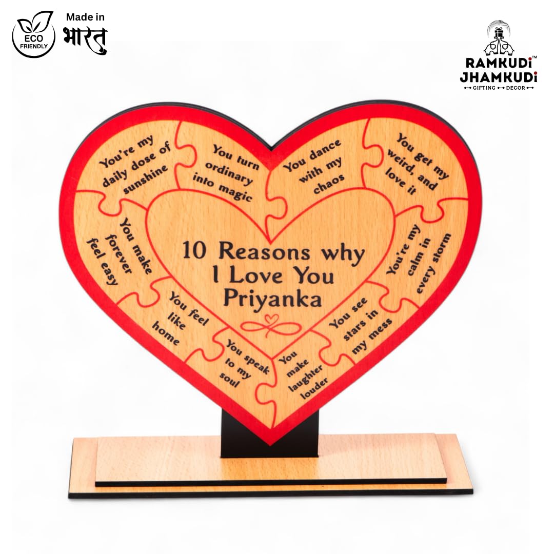 Ramkudi Jhamkudi™ 10 Reasons Why I Love You Plaque with Personalised Name | Premium MDF Wood | Romantic Gift for Anniversary, Valentine, Husband, Wife | Made in India | Table or Wall Decor (STYLE A)