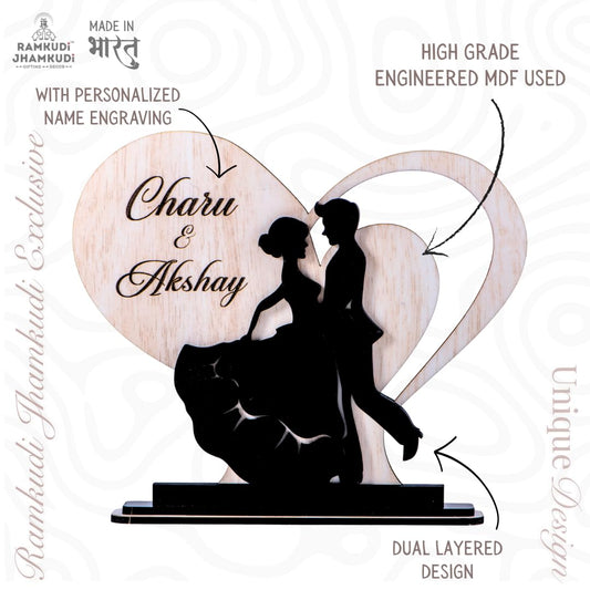 Ramkudi Jhamkudi™ Personalized Heart Couple Wooden Showpiece with Name | Dual Layer Romantic Décor | Valentine, Anniversary & Wedding Gift for Girlfriend, Boyfriend & Couples
