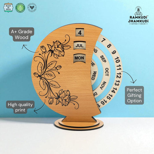 Ramkudi Jhamkudi Wooden Perpetual Calendar for Desk | Floral Print Design | Made in India | Reusable Lifetime Table Calendar for Office, Home, Study, Gifting | Minimal Aesthetic Decor Piece (STYLE C)
