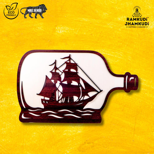 Ramkudi Jhamkudi™ Ship in Bottle Wall Art – 2 Layer Wooden MDF Nautical Decor | Vintage Ocean Theme Wall Hanging for Home, Office, Studio, Living Room | Premium Finish | Made in India