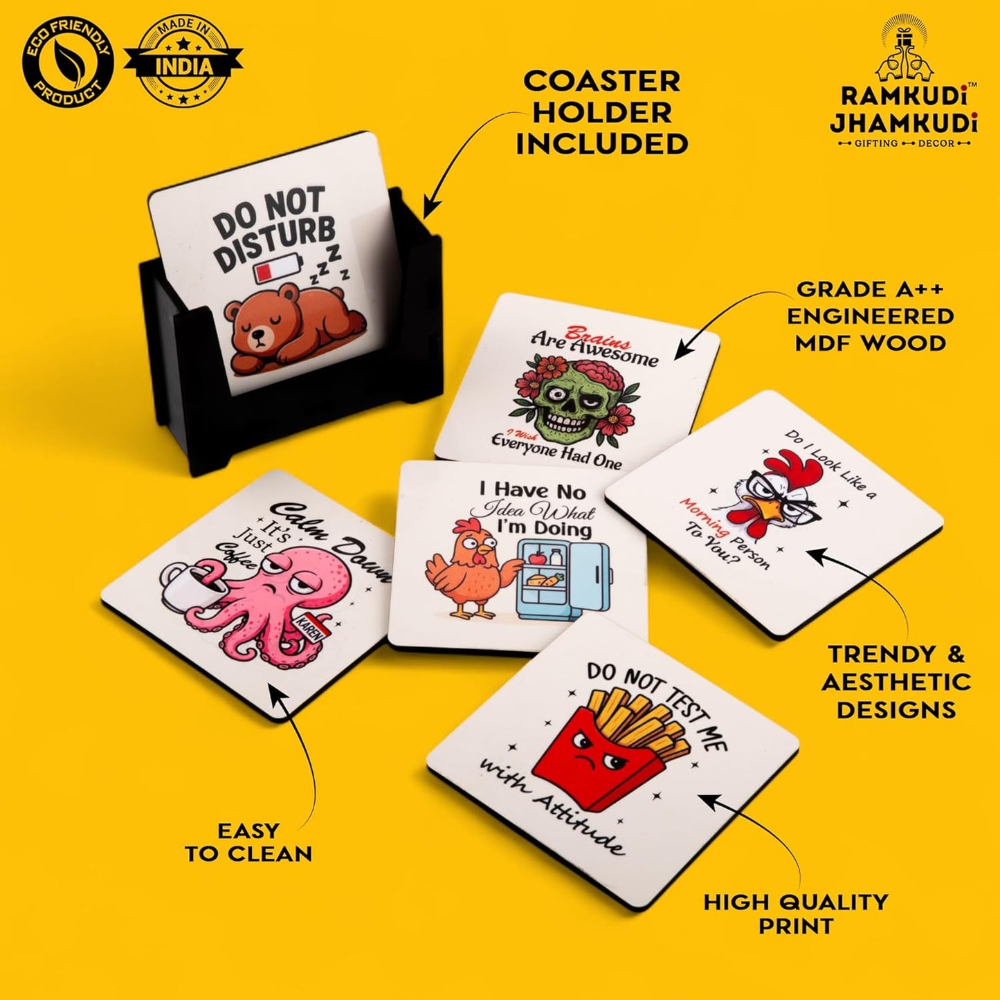 Ramkudi Jhamkudi Wooden Coasters Set of 6 with Sarcastic & Quirky Quotes – Bold & Fun Printed Coaster Set with Holder – Eco-Friendly, Made in India – Great for Gifting & Desk Decor