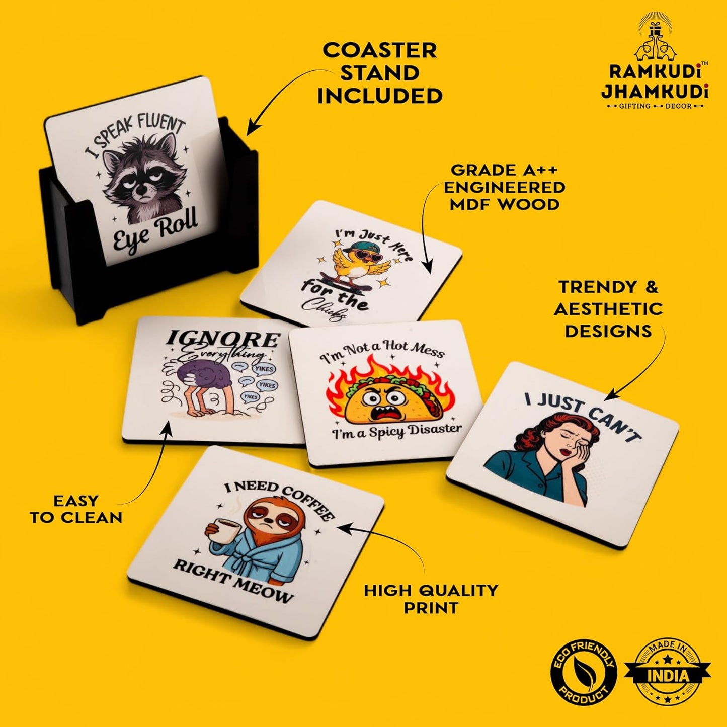 Ramkudi Jhamkudi Wooden Coasters Set of 6 – Quirky Quotes Design with Coaster Holder | Eco-Friendly, Fun & Trendy Table Decor | Great Gift for Home, Office | Made in India