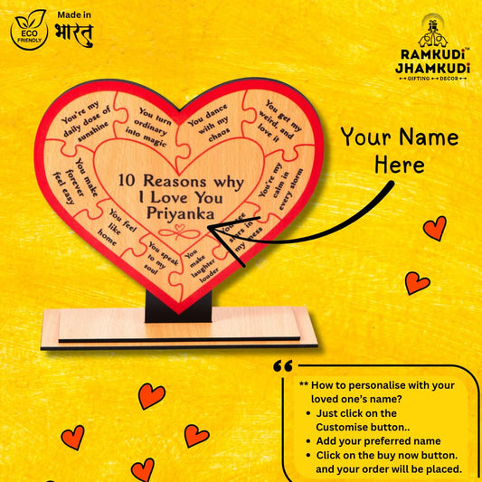 Ramkudi Jhamkudi™ 10 Reasons Why I Love You Plaque with Personalised Name | Premium MDF Wood | Romantic Gift for Anniversary, Valentine, Husband, Wife | Made in India | Table or Wall Decor (STYLE A)