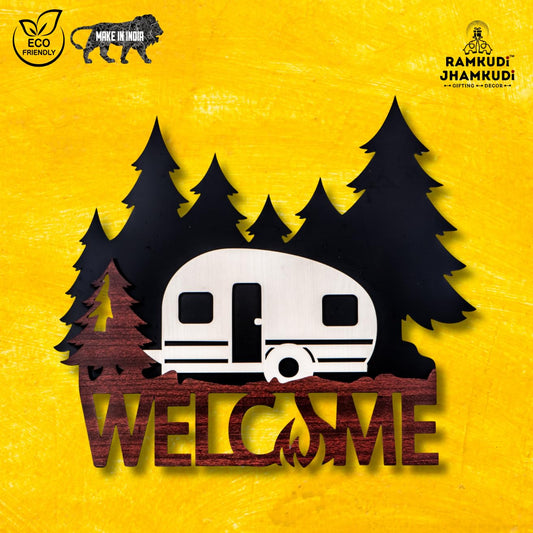 Ramkudi Jhamkudi™ 3 Layer Wall Art | Travel Van & Tree Design with Welcome Text | Premium MDF Wood Decor | Made in India | Boho Home Decor | Ideal for Gifting & Entryway Wall Hanging