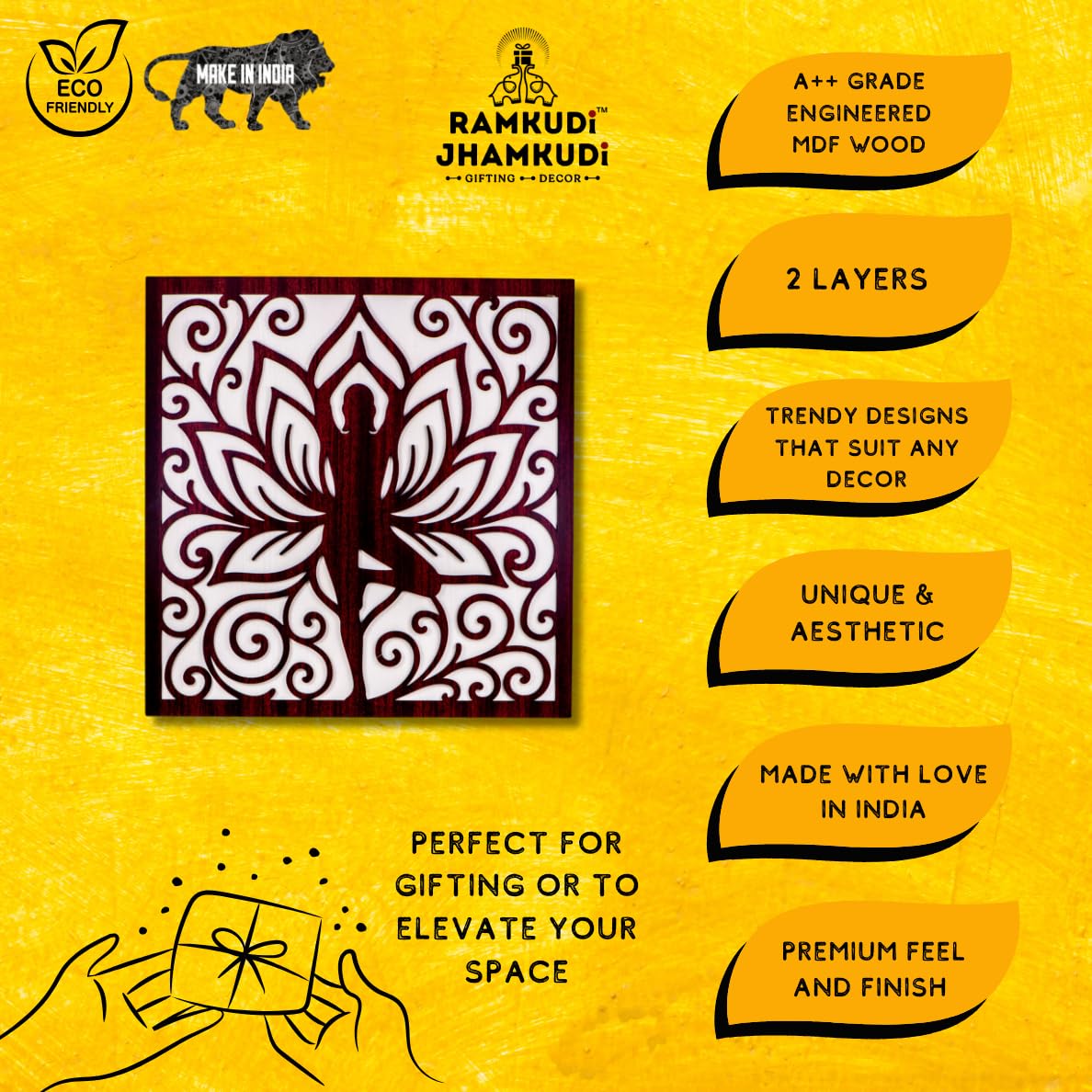 Ramkudi Jhamkudi™ 2 Layer Tree Pose Yoga Wall Art | Vrikshasana Design | Premium MDF Wood | Boho Spiritual Decor for Home, Yoga Studios & Offices | Made in India | Great Gift Idea