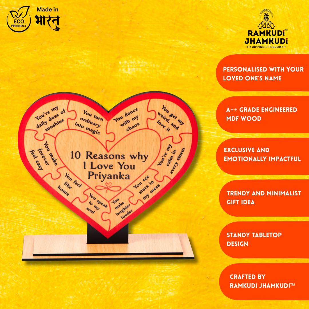 Ramkudi Jhamkudi™ 10 Reasons Why I Love You Plaque with Personalised Name | Premium MDF Wood | Romantic Gift for Anniversary, Valentine, Husband, Wife | Made in India | Table or Wall Decor (STYLE A)