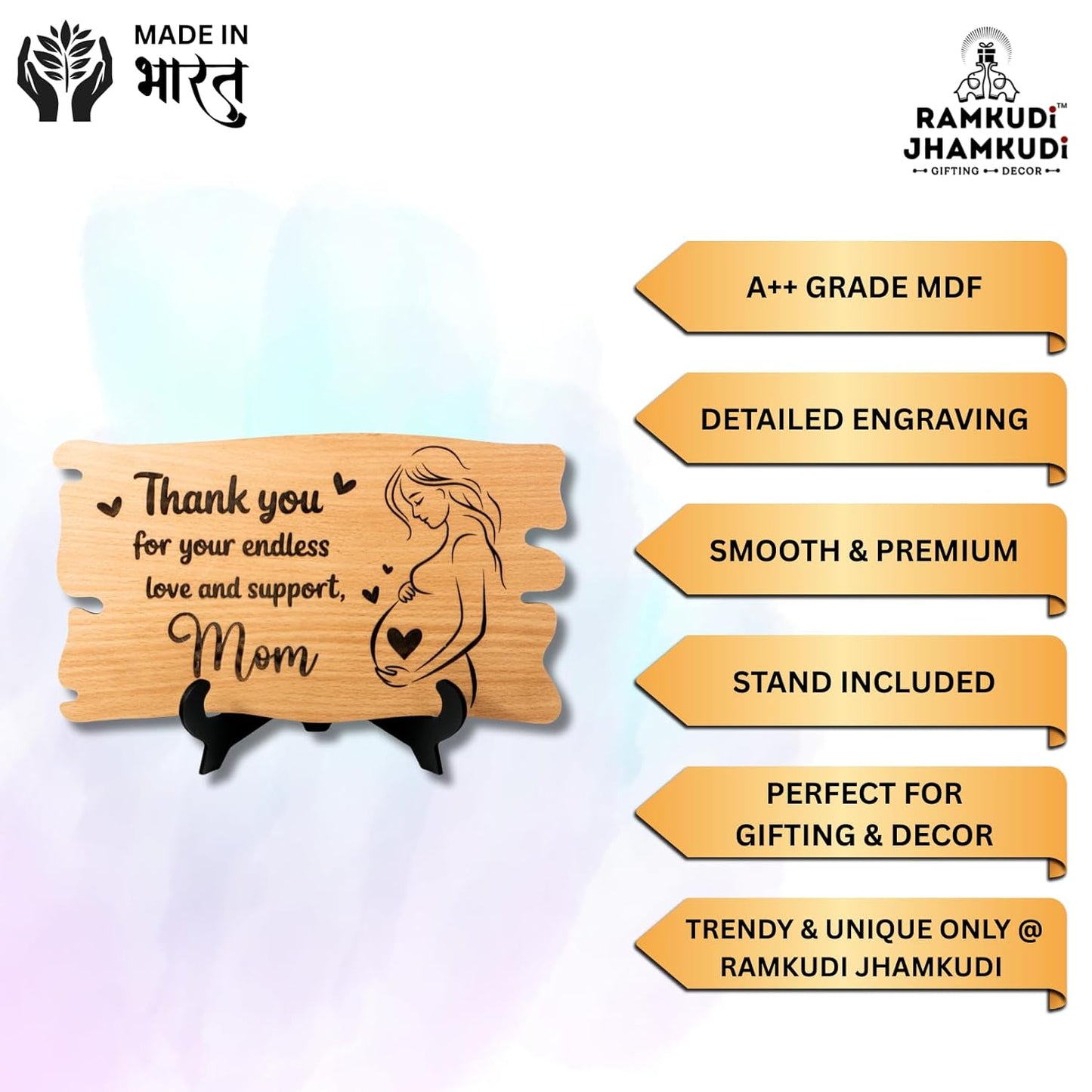 Ramkudi Jhamkudi™ Elegant Wooden Mom Plaque | Artistic Engraved Design with Stand | Unique Mother’s Day, Birthday & Occasion Gift