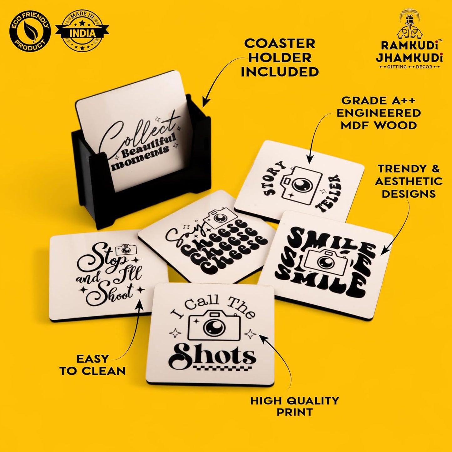 Wooden Coasters Set of 6 with Holder | Photography Quote Coasters for Tea Coffee | Camera-Themed Table Mats for Home, Office & Studio | Eco-Friendly | Made in India | Gift for Photographers & Creators