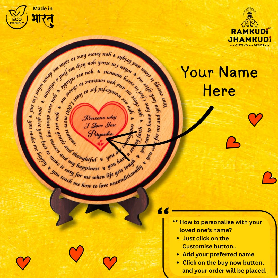 Ramkudi Jhamkudi™ Reasons Why I Love You Plaque with Personalised Name | Premium MDF Wood | Romantic Gift for Anniversary, Valentine, Husband, Wife | Made in India | Table or Wall Decor (STYLE B)