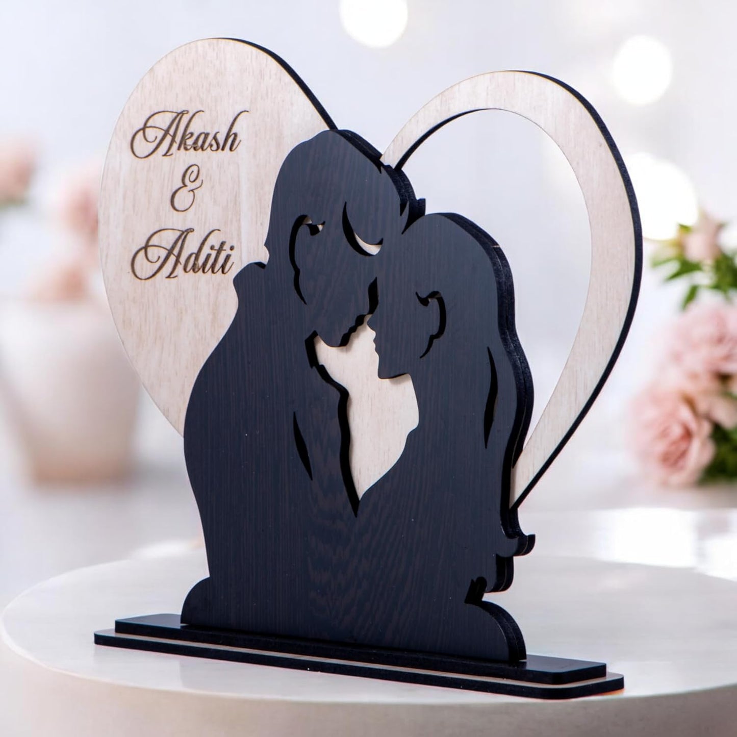 Personalised Couple Showpiece with Name Engraving | Dual Layer Romantic Table Décor | Valentine Gift for Girlfriend Boyfriend | Anniversary Birthday Wedding Gift for Couples