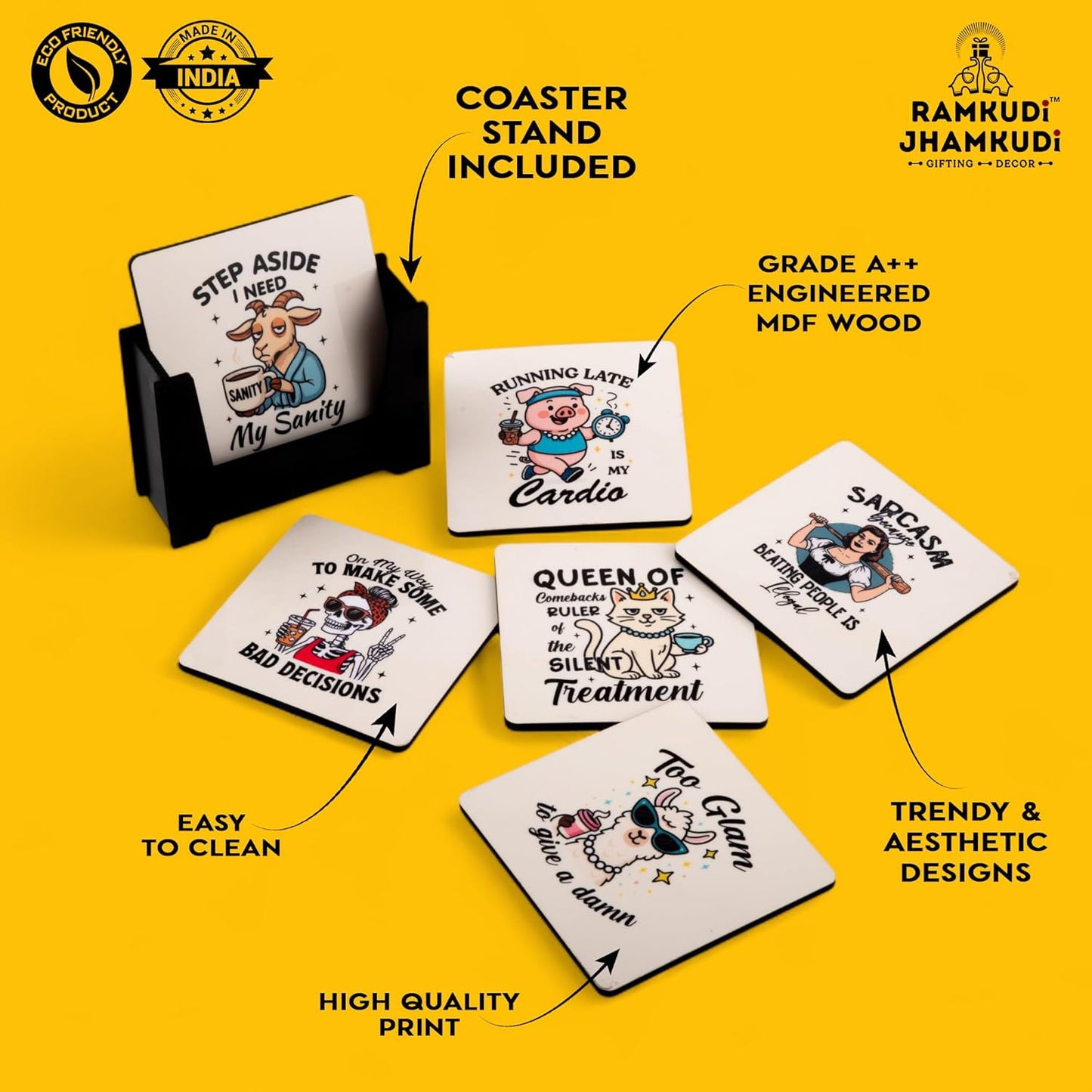 Ramkudi Jhamkudi Wooden Coasters Set of 6 with Sarcastic & Quirky Quotes – Printed Coaster Set with Holder – Funky Home & Office Decor – Eco-Friendly, Made in India, Gift-Ready