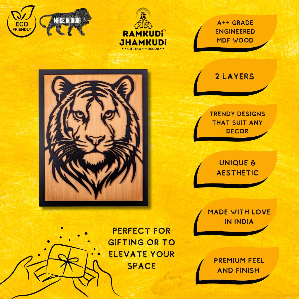 Ramkudi Jhamkudi™ 2 Layer Tiger Wall Art | Bold Wildlife Design | Premium MDF Wood | Artistic Jungle Decor for Home, Office & Studios | Made in India | Unique Gift for Nature Lovers