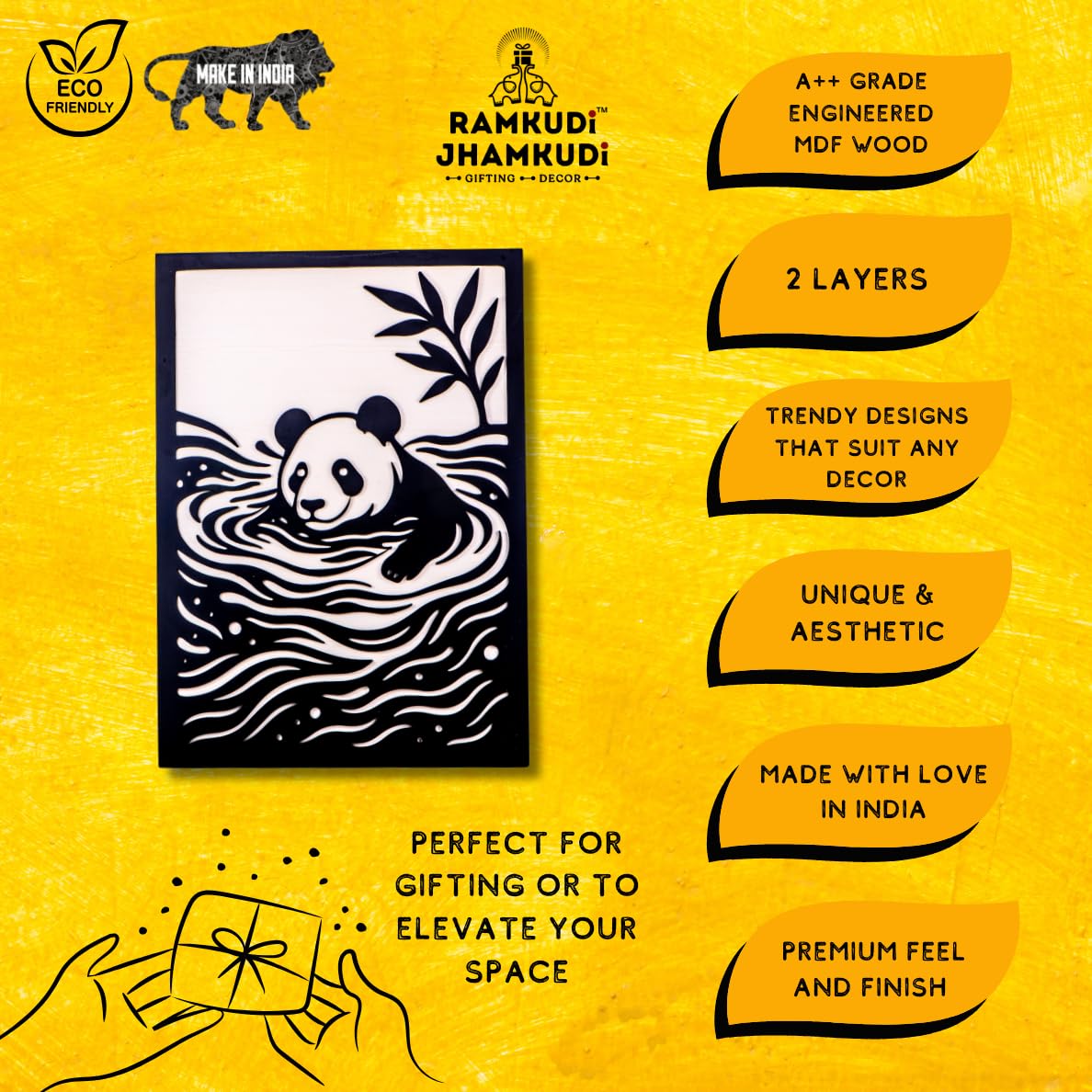 Ramkudi Jhamkudi™ Panda Wall Art – 2 Layer Wooden MDF Animal Wall Decor | Cute Modern Design for Kids Room, Nursery, Home, Office, Studio | Premium Finish | Made in India