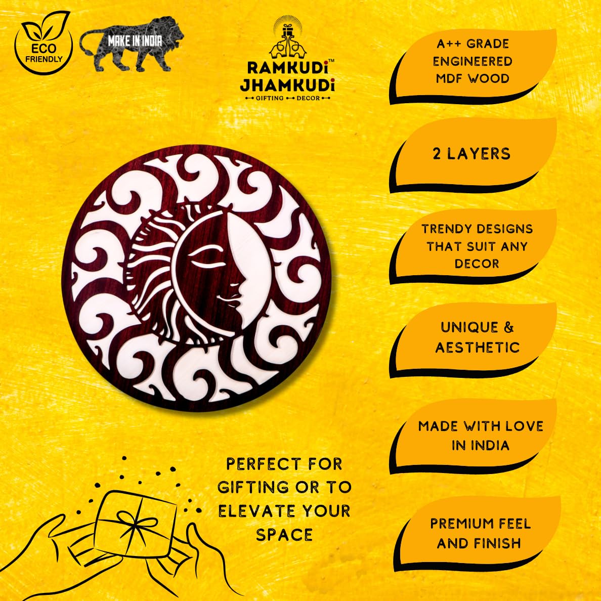 Ramkudi Jhamkudi Sun & Moon Wall Art – 2 Layer Premium Wooden MDF Décor | Celestial Boho Design | Wall Hanging for Living Room, Bedroom, Office | Made in India | Unique Gift Idea (STYLE A)