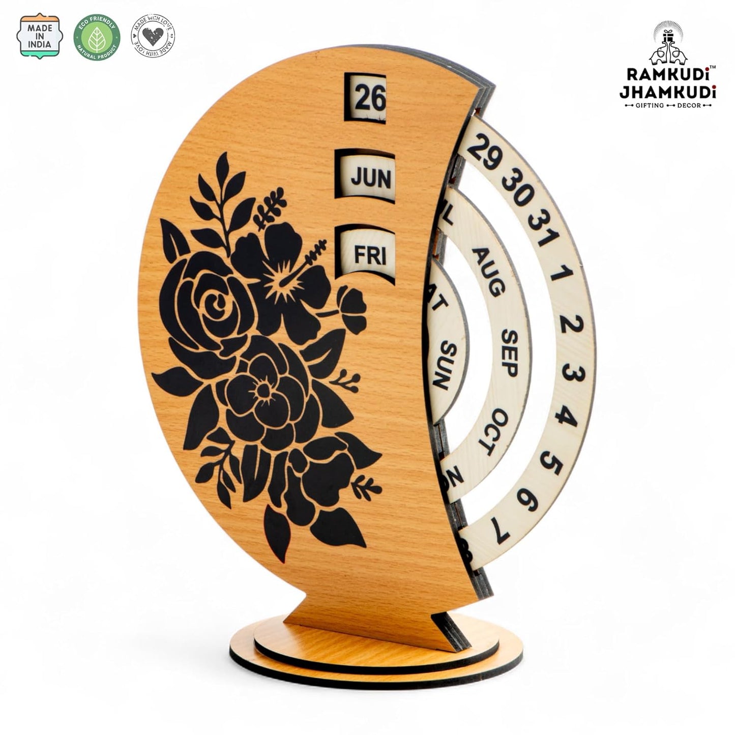 Ramkudi Jhamkudi Wooden Perpetual Calendar for Desk | Floral Print Design | Made in India | Reusable Lifetime Table Calendar for Office, Home, Study, Gifting | Minimal Aesthetic Decor Piece (STYLE A)