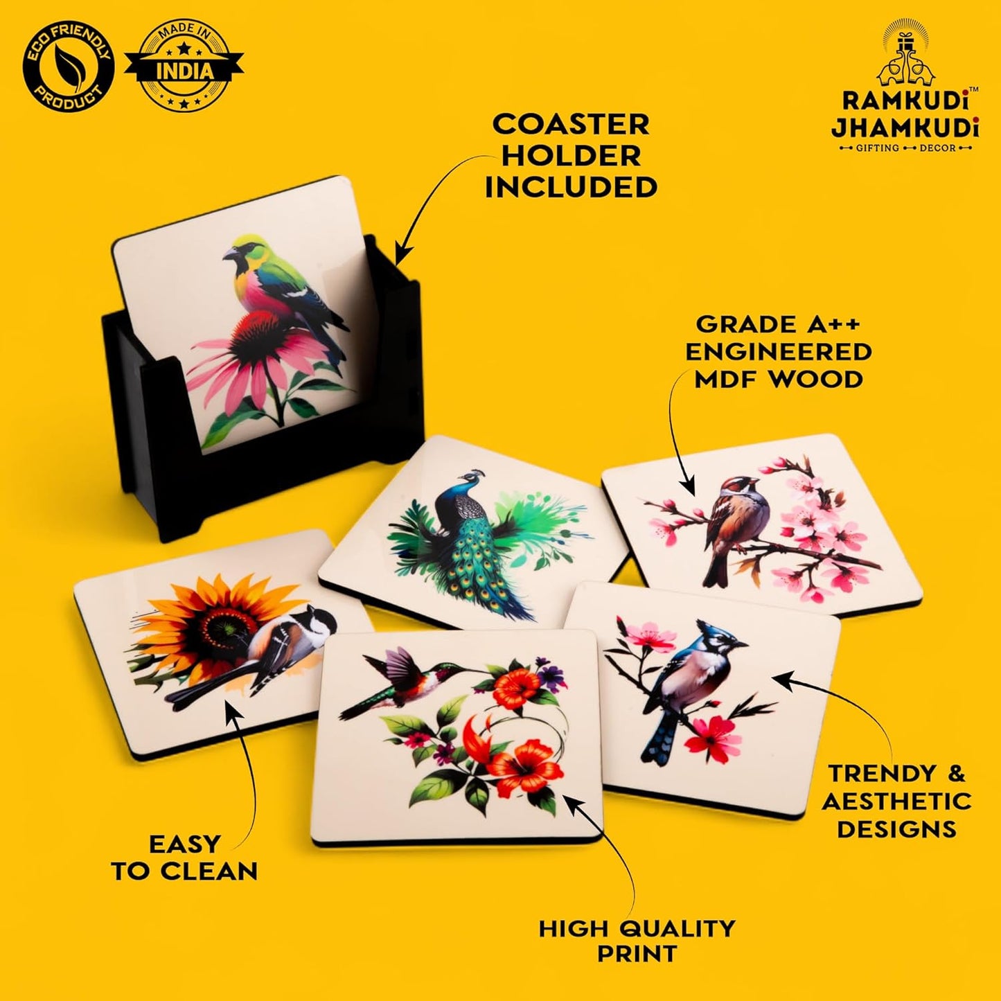 Wooden Coasters Set of 6 with Holder | Floral & Bird Design Tea Coffee Coasters | Nature-Inspired Table Mats for Home & Kitchen | Eco-Friendly | Made in India | Gift for Nature Lovers