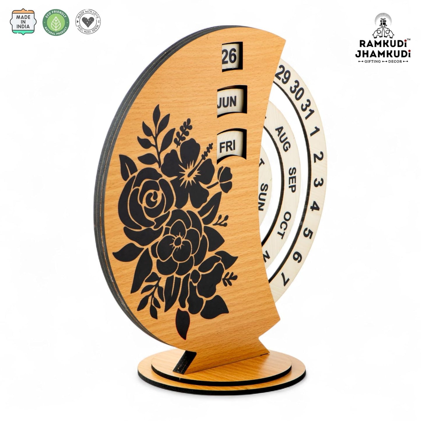 Ramkudi Jhamkudi Wooden Perpetual Calendar for Desk | Floral Print Design | Made in India | Reusable Lifetime Table Calendar for Office, Home, Study, Gifting | Minimal Aesthetic Decor Piece (STYLE A)