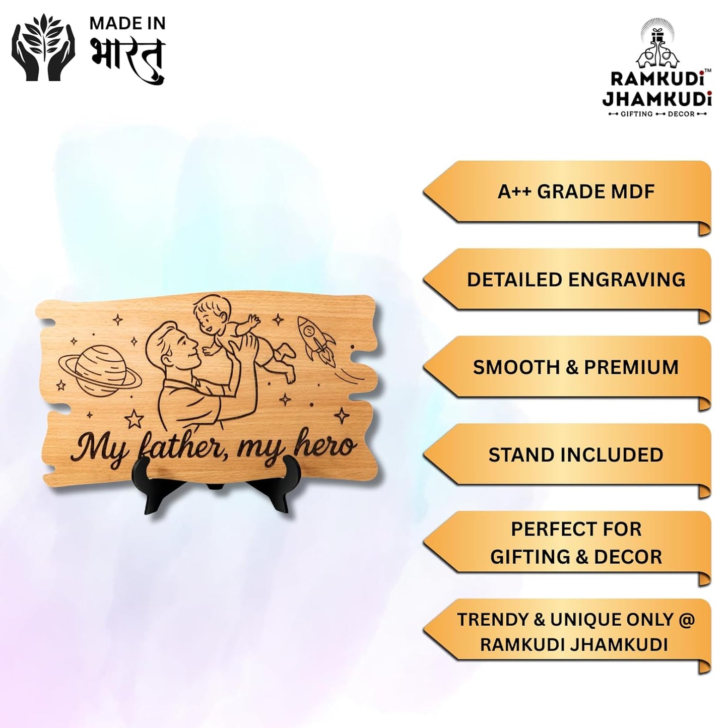 Ramkudi Jhamkudi™ Father’s Plaque | Engraved Wooden Tabletop Plaque with Stand | Premium MDF, Trendy Design | Home Decor & Gifting | Made in India
