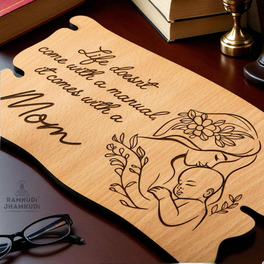 Ramkudi Jhamkudi™ Mom Quote Wooden Plaque with Stand – Premium MDF, Laser Engraved Cute Design, Trendy Mom Gift, Made in India