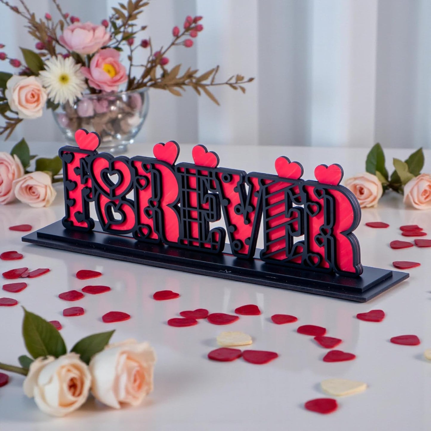Forever Love Wooden Standy | Dual Layered MDF Tabletop Showpiece | Romantic Letter Stand Decor | Gift for Valentine, Anniversary, Wedding, Birthday