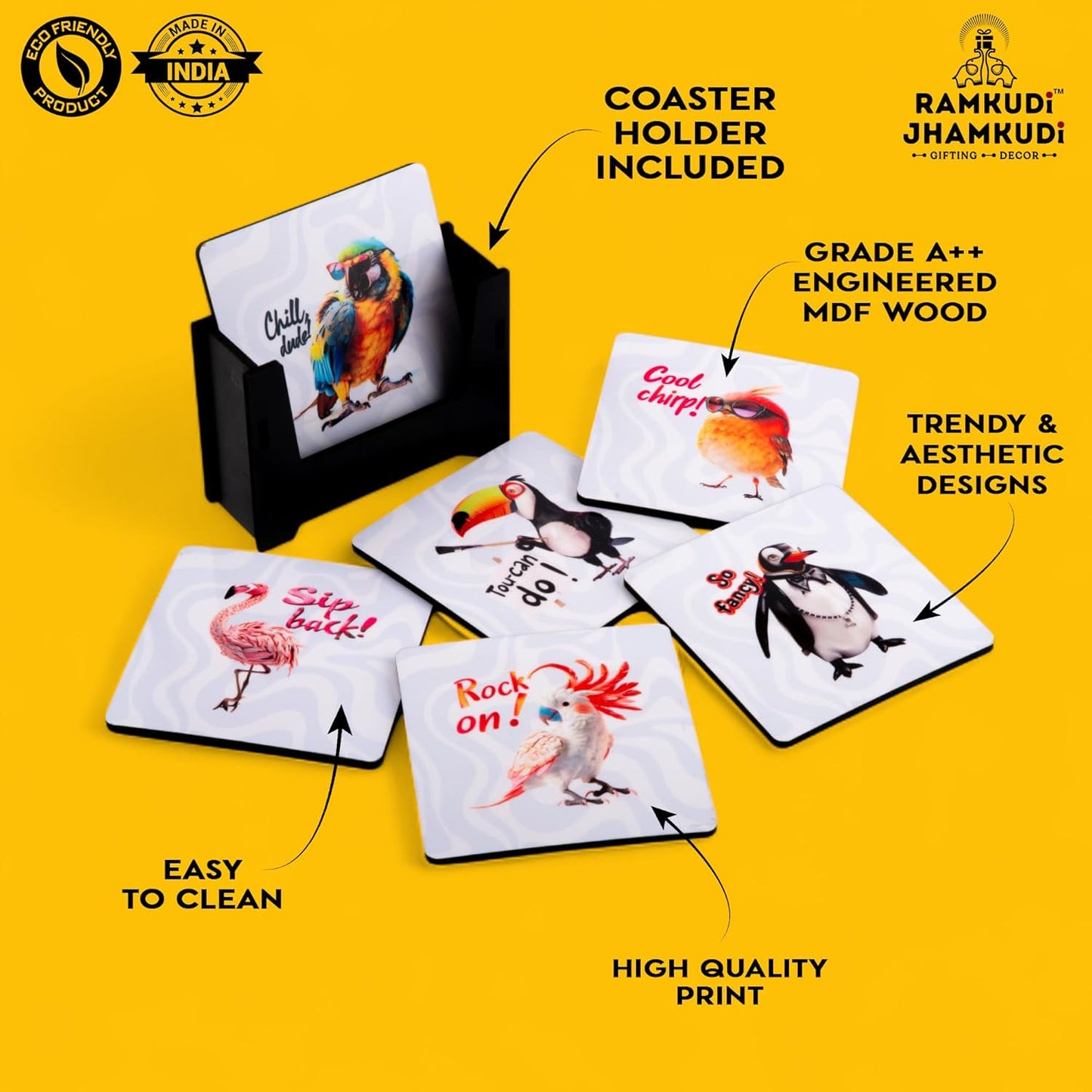 Wooden Coasters Set of 6 with Holder | Cool Bird-Themed Tea Coffee Coasters | Colorful Table Mats for Home & Kitchen | Eco-Friendly | Made in India | Nature-Inspired Gift for Bird Lovers