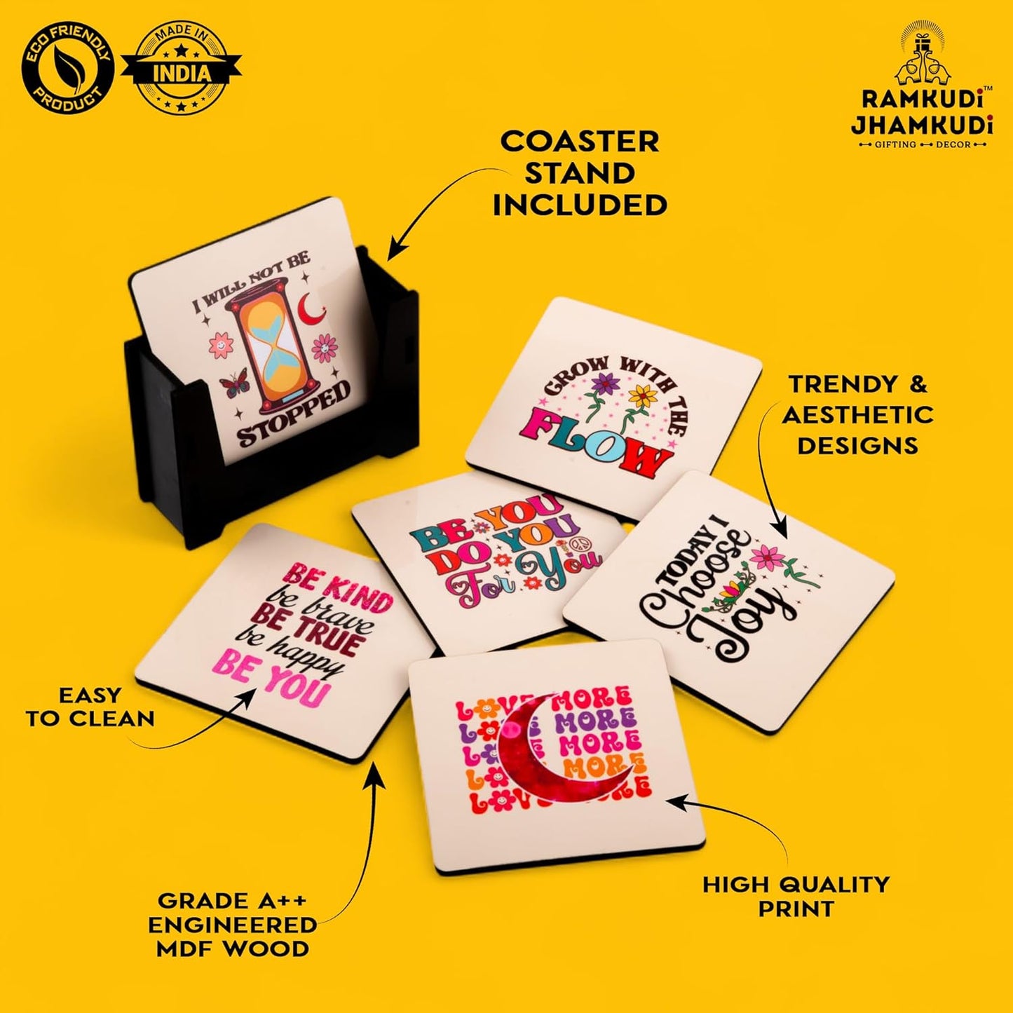 Ramkudi Jhamkudi Wooden Coasters Set of 6 – Motivational & Happy Quotes with Coaster Holder | Eco-Friendly, Positive Vibes Table Decor | Great Gift for Home, Office | Made in India