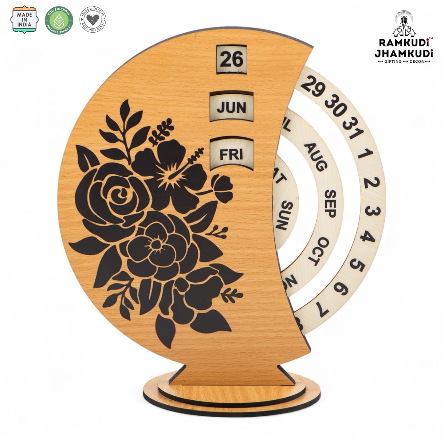 Ramkudi Jhamkudi Wooden Perpetual Calendar for Desk | Floral Print Design | Made in India | Reusable Lifetime Table Calendar for Office, Home, Study, Gifting | Minimal Aesthetic Decor Piece (STYLE A)