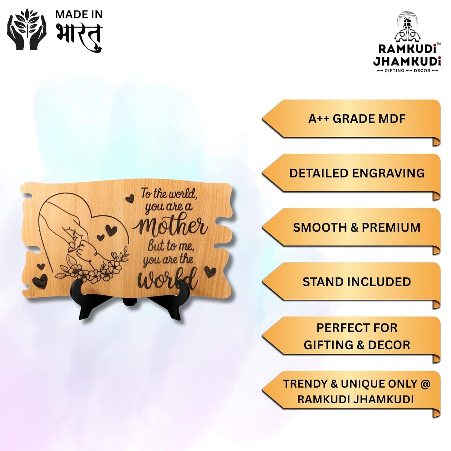 Ramkudi Jhamkudi™ Wooden Mom Plaque – Premium Engraved MDF, Elegant Mother’s Gift with Stand, Made in India