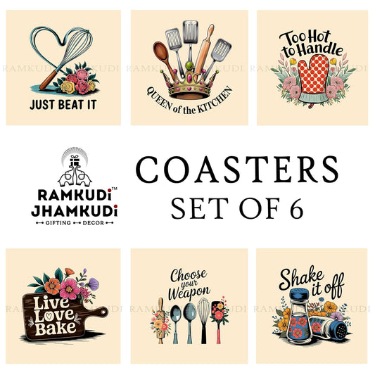 Ramkudi Jhamkudi Wooden Coasters Set of 6 with Baking & Cooking Quotes – Printed Kitchen Coaster Set with Holder – Made in India, Eco-Friendly – Ideal for Gifting & Home Decor