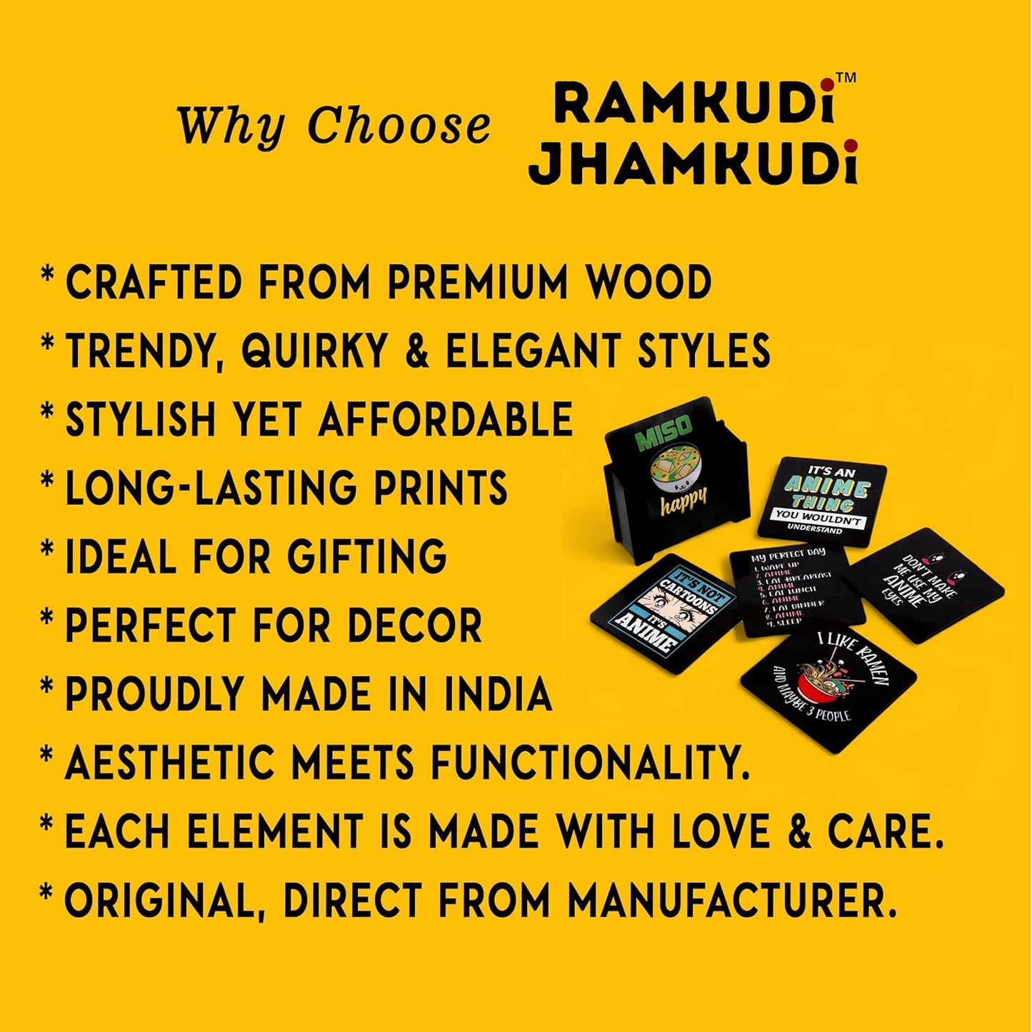 Ramkudi Jhamkudi Wooden Coasters Set of 6 for Anime Lovers – Printed with Iconic Anime Quotes & Designs – Eco-Friendly, Made in India – Otaku Gift, Desk & Room Decor with Holder