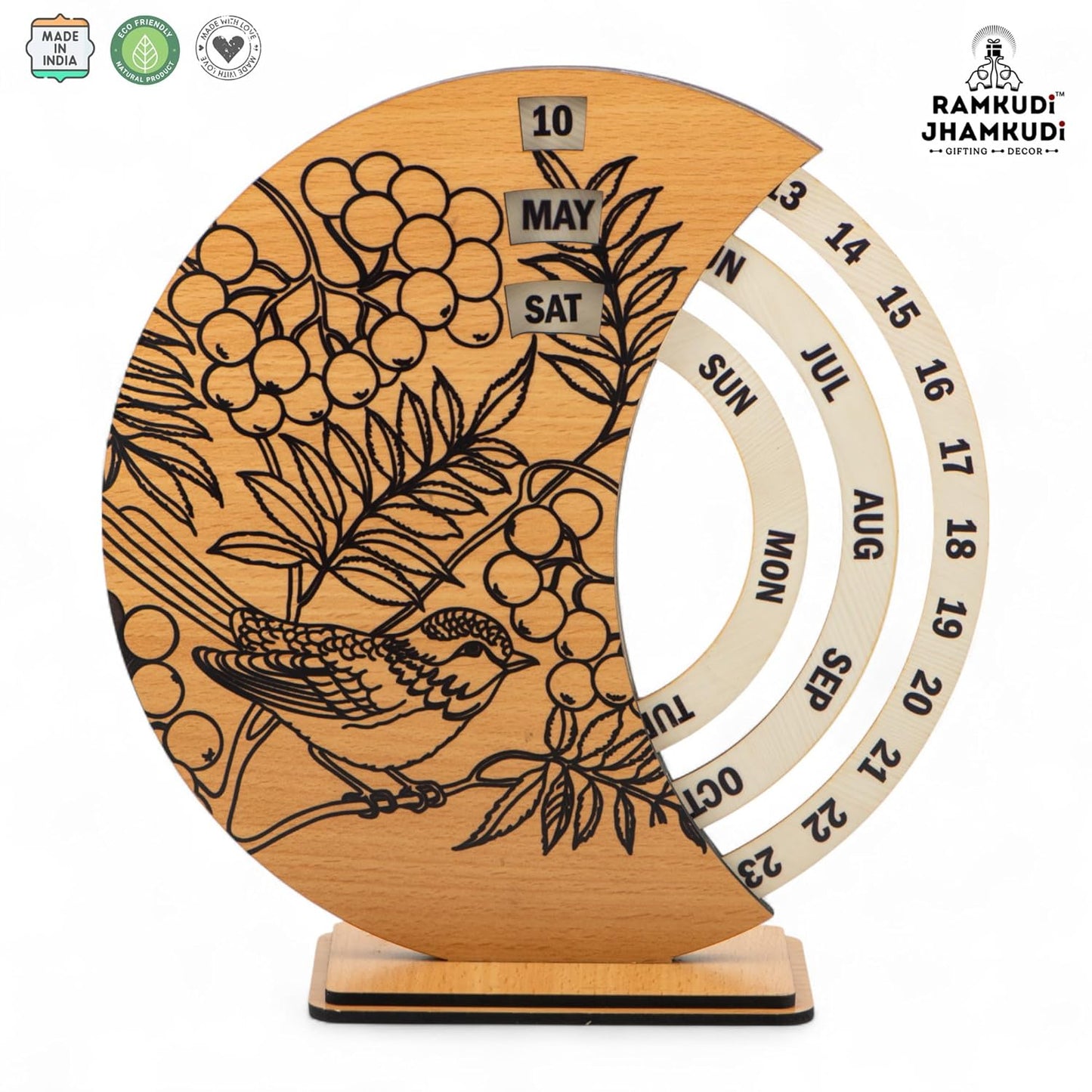 Ramkudi Jhamkudi Wooden Perpetual Calendar for Desk | Floral Print Design | Made in India | Reusable Lifetime Table Calendar for Office, Home, Study, Gifting | Minimal Aesthetic Decor Piece (STYLE B)