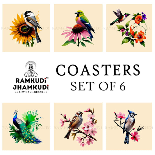 Wooden Coasters Set of 6 with Holder | Floral & Bird Design Tea Coffee Coasters | Nature-Inspired Table Mats for Home & Kitchen | Eco-Friendly | Made in India | Gift for Nature Lovers