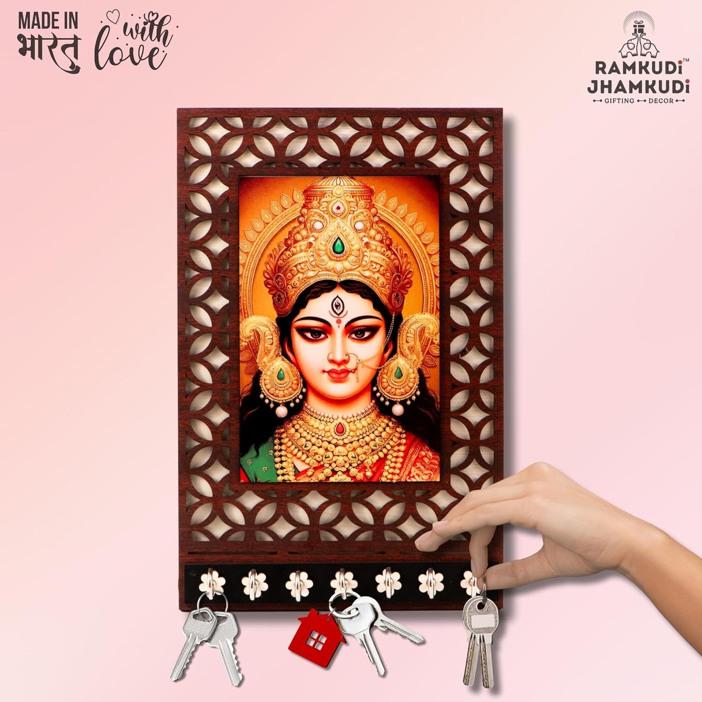 Ramkudi Jhamkudi™ Premium Wooden Maa Durga Face Key Holder for Wall – 2 Layer MDF, 7 Stainless Steel Hooks, Unique Indian Design, Home Decor & Gifting – Made in India