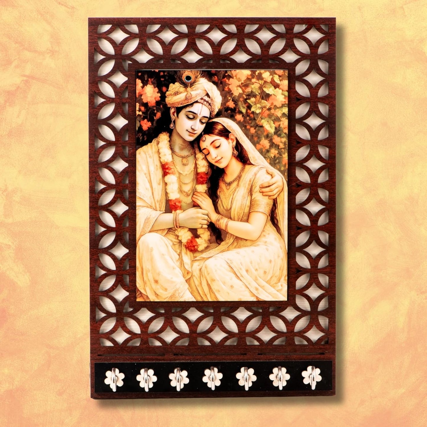 Ramkudi Jhamkudi™ Peaceful Radha Krishna Wooden Key Holder – 2 Layer Premium MDF, 7 SS Hooks – Elegant Spiritual Wall Décor – Made in India
