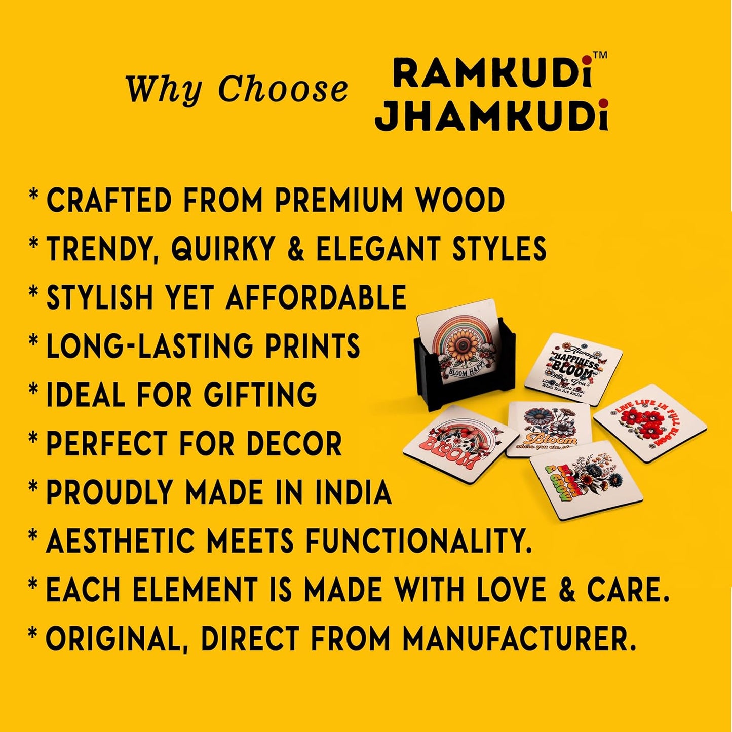 Ramkudi Jhamkudi Wooden Coaster Set – Bloom Happy Quotes Design | Positive, Stylish & Aesthetic Table Decor | Great Gift for Home, Office, Coffee Table | Made in India