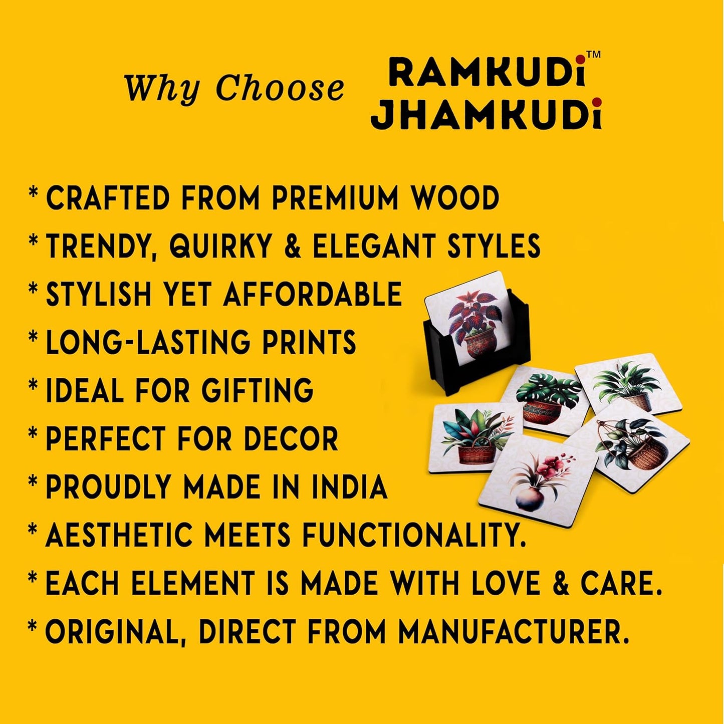 Ramkudi Jhamkudi Wooden Coasters Set of 6 with Holder | Botanical Plant Design Coasters for Tea Coffee Drinks | Eco-Friendly Table Mats | Home Office Décor | Made in India Gift Set