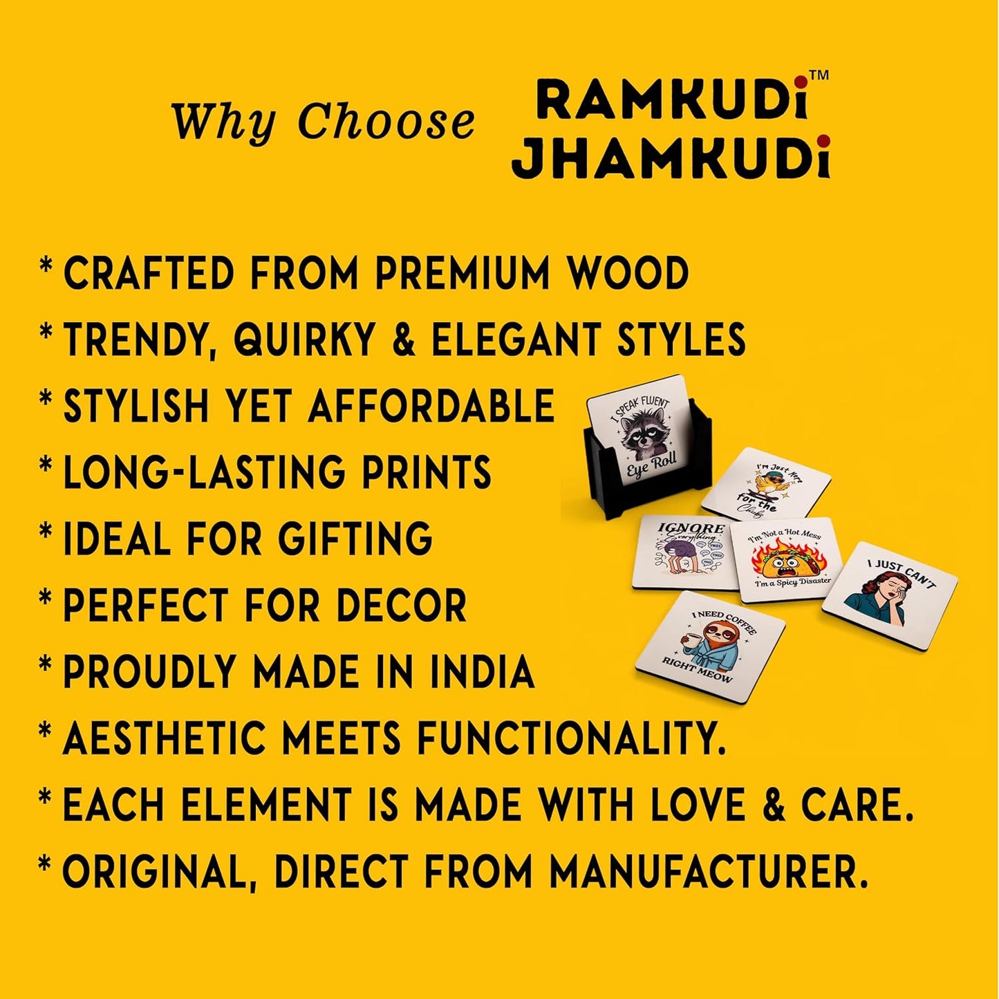 Ramkudi Jhamkudi Wooden Coasters Set of 6 – Quirky Quotes Design with Coaster Holder | Eco-Friendly, Fun & Trendy Table Decor | Great Gift for Home, Office | Made in India