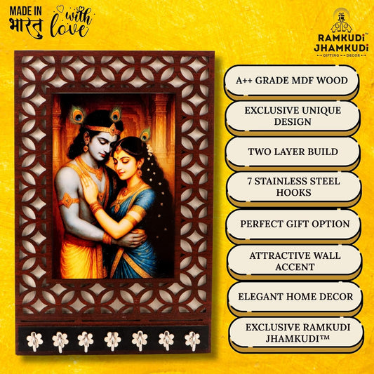 Ramkudi Jhamkudi™ Radha Krishna Wooden Key Holder – 2 Layer Premium MDF, 7 SS Hooks – Divine & Romantic Wall Décor – Made in India