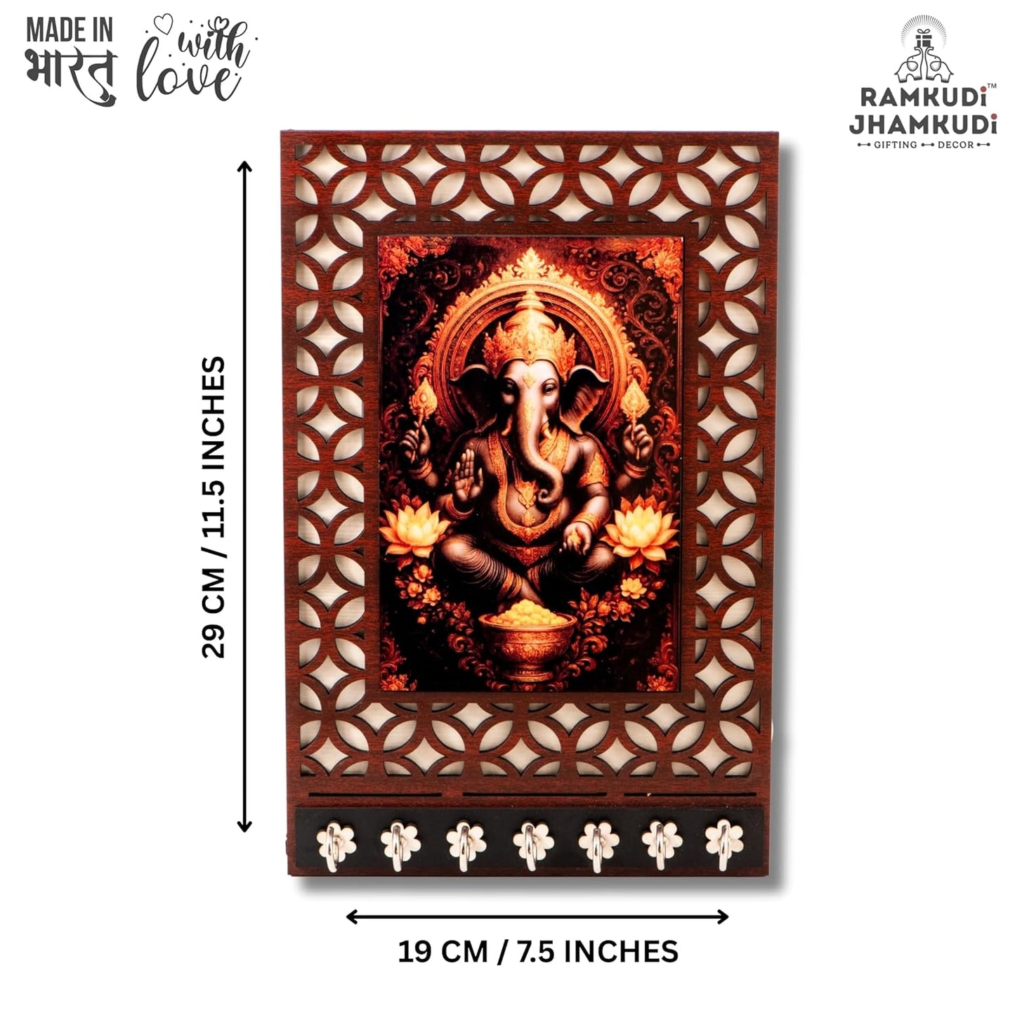 Ramkudi Jhamkudi™ Premium Wooden Lord Ganesha Key Holder for Wall – 2 Layer MDF, 7 Stainless Steel Hooks, Unique Indian Design, Home Decor & Gifting – Made in India
