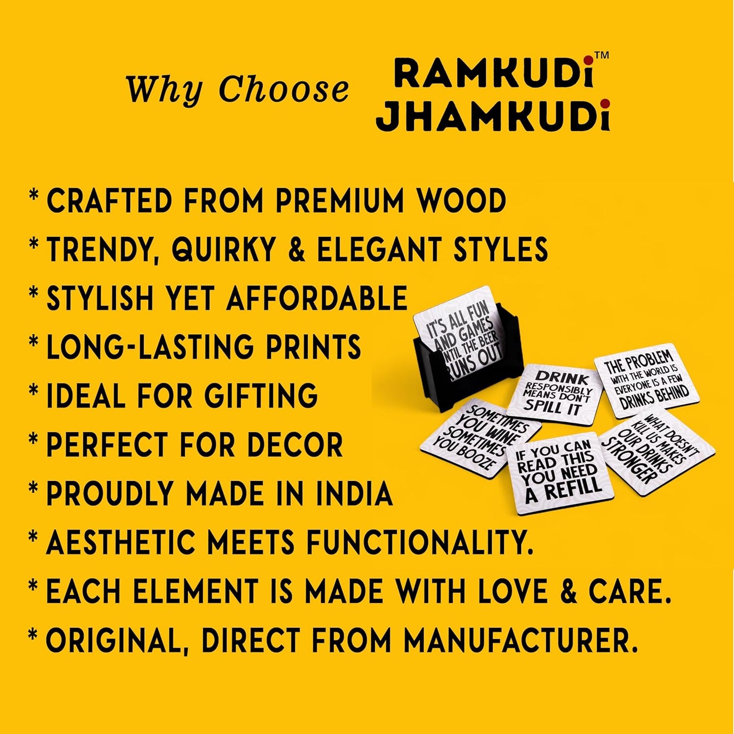 Ramkudi Jhamkudi Wooden Coasters Set of 6 with Drinking Quotes – Printed Bar Coaster Set with Holder – Party & Bar Decor, Eco-Friendly, Made in India – Great for Gifting