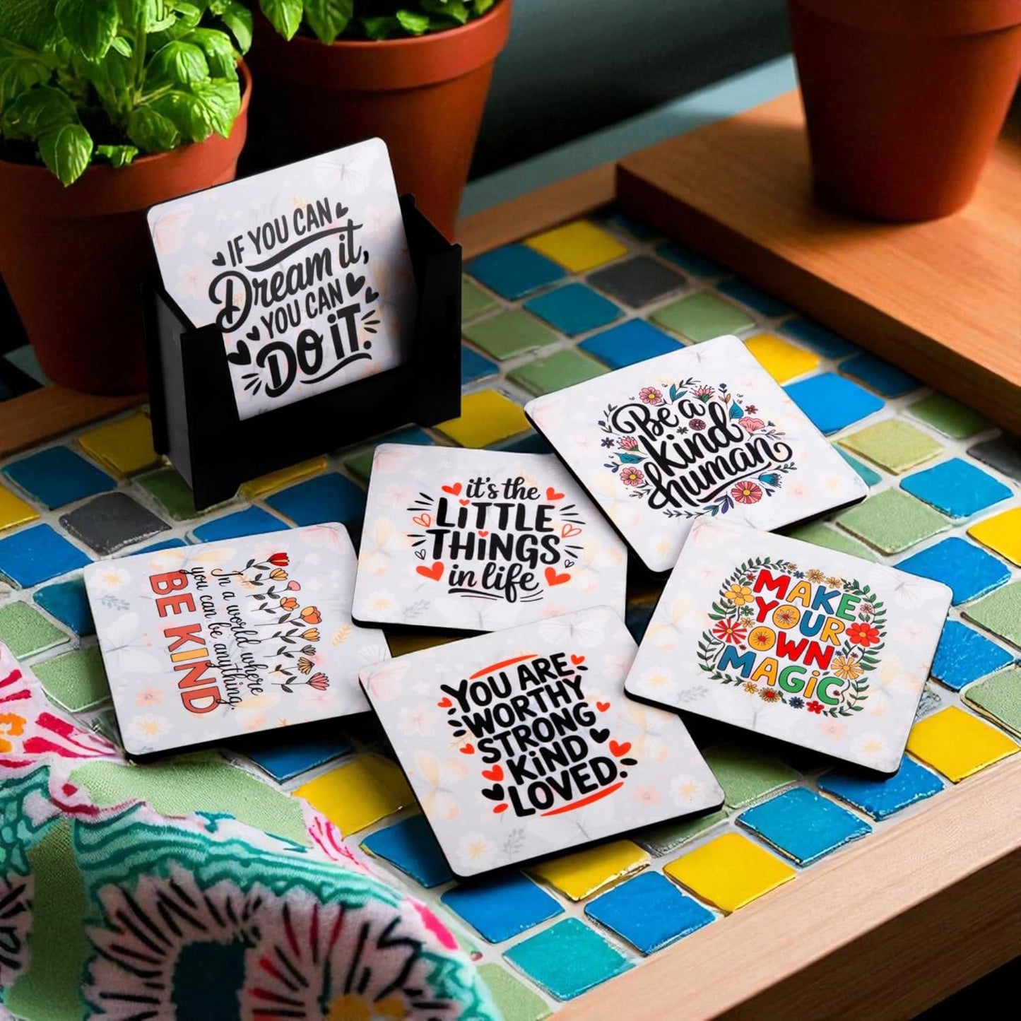 Wooden Coasters Set of 6 with Holder | Positive Motivational Quote Coasters for Tea Coffee | Inspiring Table Mats for Home & Office | Eco-Friendly | Made in India | Gift for Good Vibes