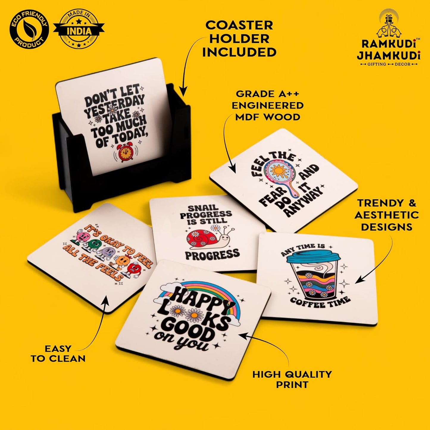 Ramkudi Jhamkudi Wooden Coasters Set of 6 with Holder – Printed Aesthetic Designs, Eco-Friendly, Stylish Home Decor – Made in India – Ideal for Gifting & Table Protection