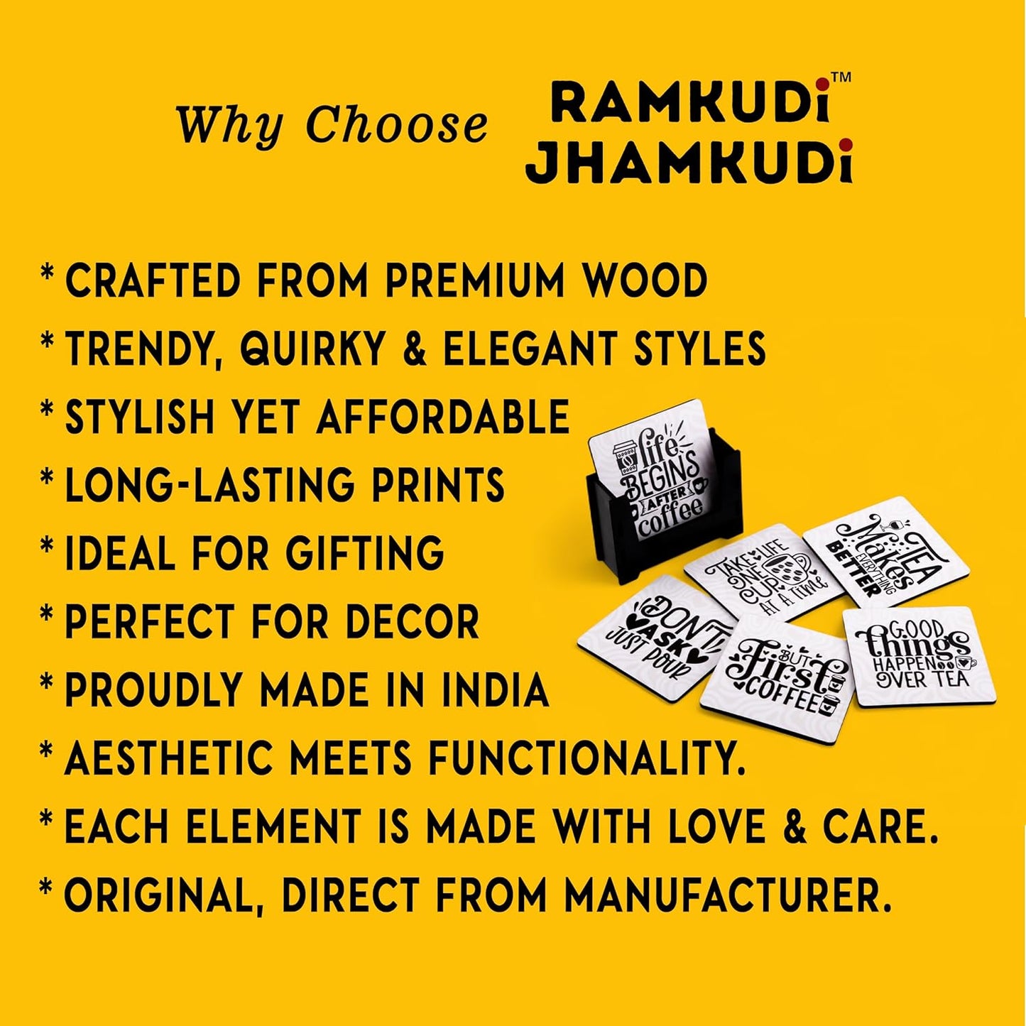 Ramkudi Jhamkudi Wooden Coasters Set of 6 with Coffee & Tea Quotes – Printed Coaster Set with Holder – Cozy Decor, Eco-Friendly, Made in India – Great for Gifting