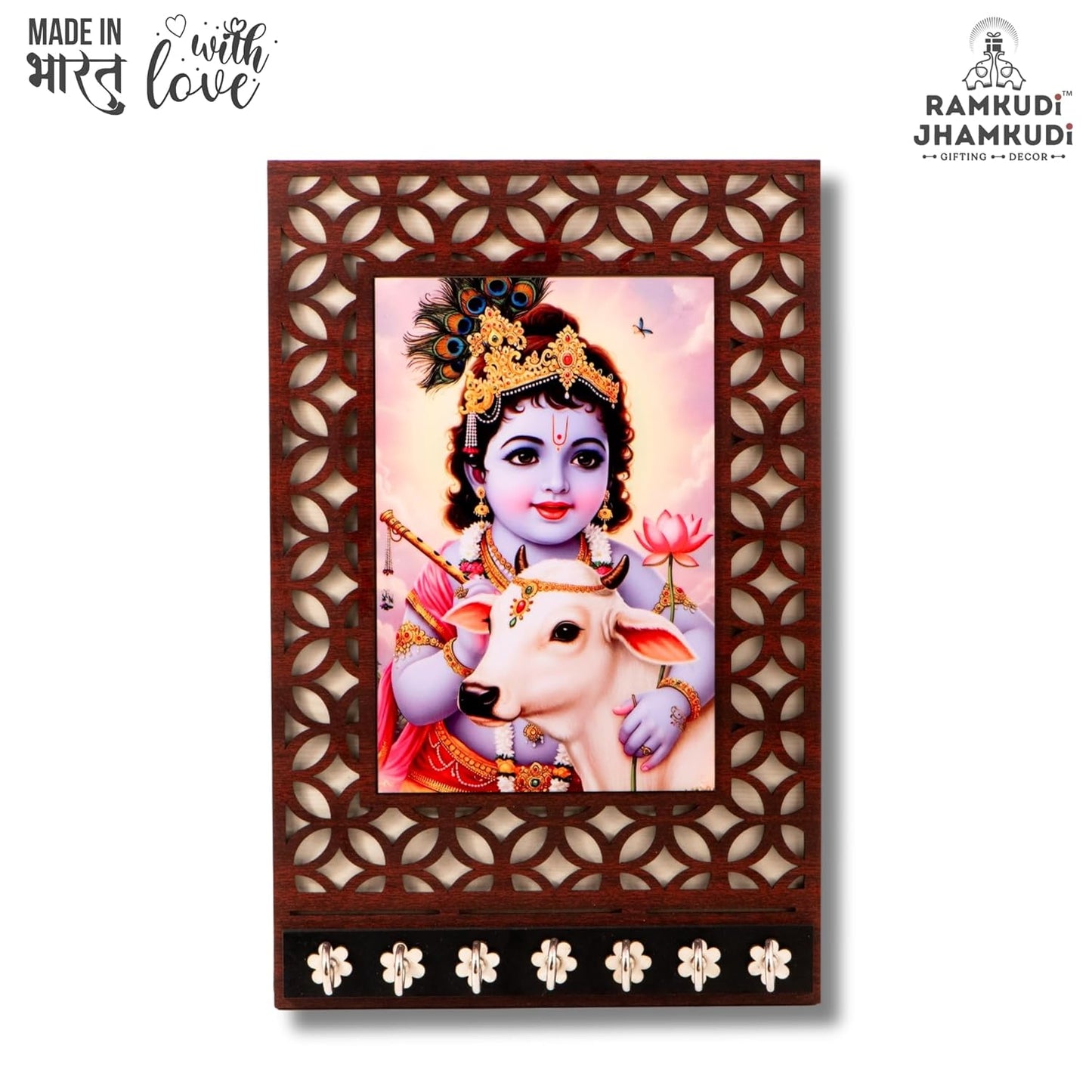 Ramkudi Jhamkudi™ Premium Wooden Krishna with Cow Key Holder for Wall – 2 Layer MDF, 7 Stainless Steel Hooks, Unique Indian Design, Home Decor & Gifting – Made in India